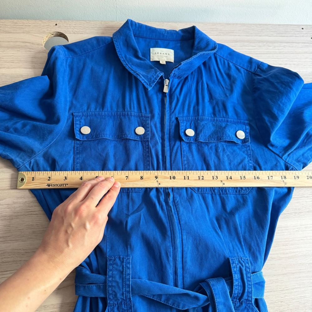 Sezane Brooklyn Jumpsuit Long Sleeve Belted Utility Blue Women's 10 Good Patina - Picture 8 of 9